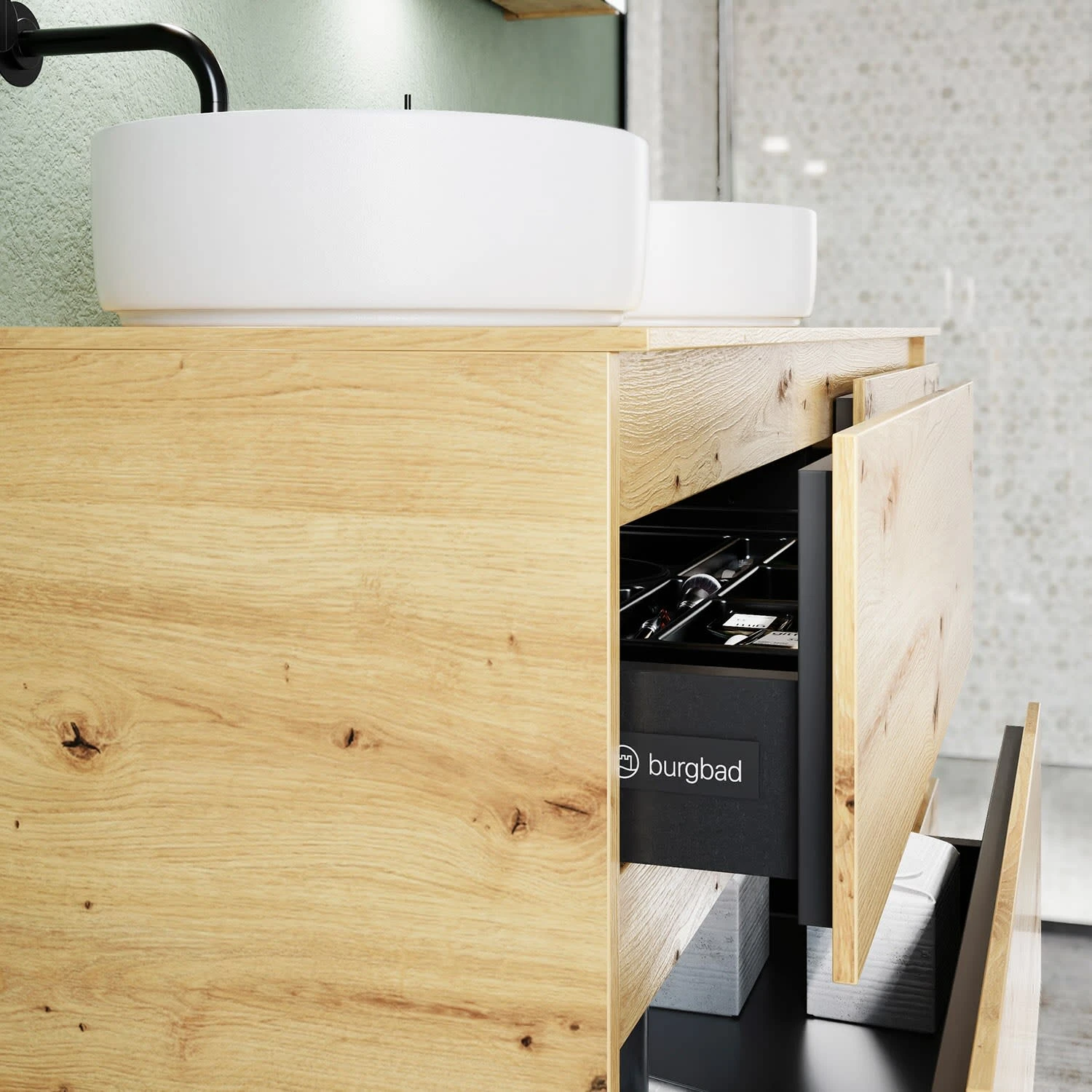 Burgbad Lin20 Waschtischunterschrank Mit Konsolenplatte 140 Cm, 6 Auszüge, Beckenausschnitt Links Und Rechts 9 Burgbad Lin20 Waschtischunterschrank Mit Konsolenplatte 140 Cm, 6 Auszüge, Beckenausschnitt Links Und Rechts – Bild 7