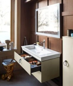 Duravit White Tulip Konsolenwaschtischunterbau Mit Ausschnitt Links 160 X 40,8 Cm, 4 Auszüge, Grifflos, Mit Zusatzmodul "J" Und LED-Licht -Badwelt Verkauf duravit white tulip badmoebel waschtischunterbauten konsolenwaschtischunterbau 8495956