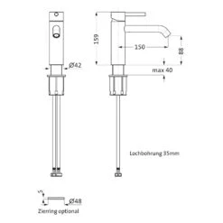 Herzbach DEEP Waschtisch-Einlochbatterie M-Size Ohne Ablaufgarnitur, Auslauf 15 Cm